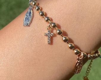 Pulsera de la Virgen María bañada en oro de 14 k con cruces de diamantes