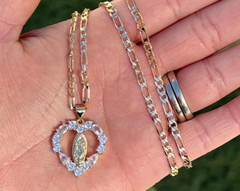 Gold Plated 14k- Heart with diamonds Virgencita Necklace