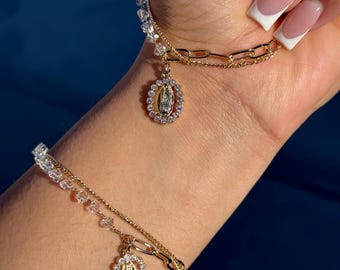 NEW* PRETTY Gold Plated 14k- bracelet diamonds Virgencita with charm