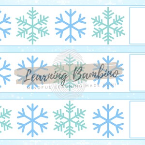 May include: A worksheet with rows of blue and teal snowflake illustrations. The text "Learning Bambino" is displayed in cursive font, with the tagline "Mindful Learning Made Fun!" below. Each row has blank spaces for writing.