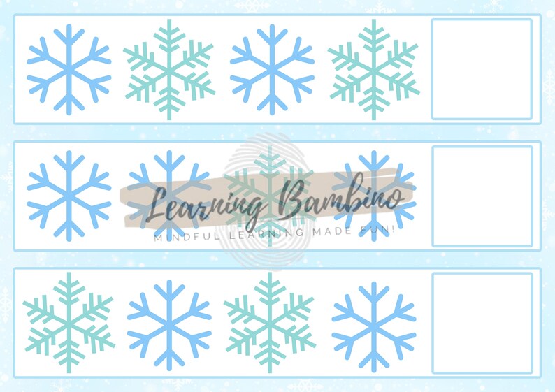 May include: A worksheet with rows of blue and teal snowflake illustrations. The text "Learning Bambino" is displayed in cursive font, with the tagline "Mindful Learning Made Fun!" below. Each row has blank spaces for writing.