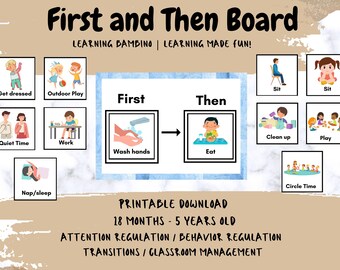 May include: A printable visual aid for children, titled "First and Then Board", featuring colorful illustrations of various activities. The board is divided into two sections, "First" and "Then", with arrows connecting them. The illustrations depict activities like getting dressed, outdoor play, quiet time, work, washing hands, eating, cleaning up, playing, napping, and circle time. The board is designed for 18 months to 5 years old and is intended for attention regulation, behavior regulation, transitions, and classroom management.