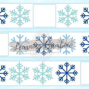 May include: A light blue educational worksheet featuring snowflake designs in shades of blue and teal. The worksheet includes the text "Learning Bambino - Mindful Learning Made Fun!" and blank spaces for activities.