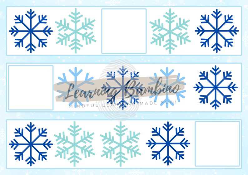 May include: A light blue educational worksheet featuring snowflake designs in shades of blue and teal. The worksheet includes the text "Learning Bambino - Mindful Learning Made Fun!" and blank spaces for activities.
