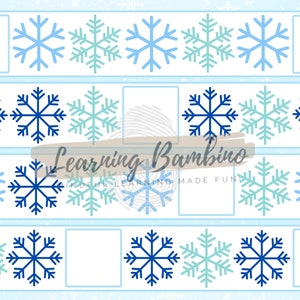 May include: A blue and white educational worksheet featuring rows of snowflakes in varying shades of blue and teal. Each row has a pattern of snowflakes with blank boxes for completing the pattern. The text "Learning Bambino" is visible.