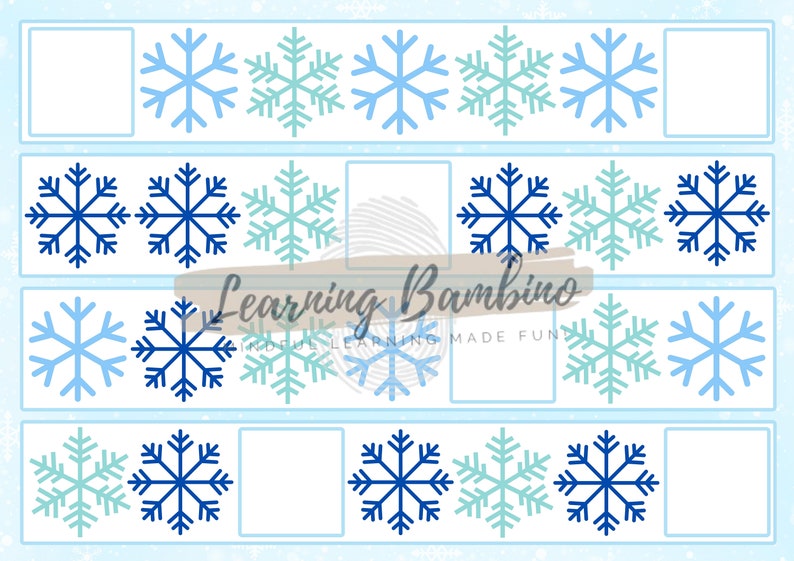 May include: A blue and white educational worksheet featuring rows of snowflakes in varying shades of blue and teal. Each row has a pattern of snowflakes with blank boxes for completing the pattern. The text "Learning Bambino" is visible.