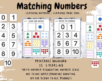May include: Educational printable featuring number matching activities for children aged 2.5-5 years old. Includes number recognition, number sense, and one-to-one correspondence counting exercises. The design includes numbers 0-10 and various shapes.