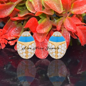 Gold Plated Gemstone Trendy Small Scarab Studs Earrings, Enamel Scarab Amulet Earrings, Diamond Scarab Studs,Designer Beetle Scarab Earrings