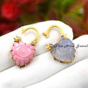 14K Yellow Gold Plated Trendy Heart Padlock, All Gemstone Carved Heart Padlock Charm, Gemstone Evil Eye Padlock, Designer Heart Padlock