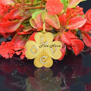 LOVE Initial Diamond Clover Pendant, Lucky Clover Pendant, Designer Small Clover Charm, Four Leaf Clover, Gemstone Clover Charm,Lucky Clover