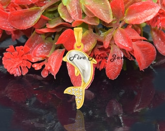 14K Yellow Gold Plated Gemstone Dolphin Pendant, All Gemstone Carved Dolphin Pendant, Designer Diamond Dolphin Pendant, Small Dolphin Charm