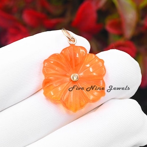 14K Yellow Gold Flower Pendant, Gemstone Aqua Blue Quartz Flower Charm, Designer Hand Carving Flower Pendant, Carved Coral Flower Pendant