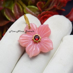 14K Gold Carved Pink Opal Flower Charm, 14K Gemstone Flower, Natural Gemstone Flower, Gold  Lapis Flower Charm Pendant, 14K Designer Flower