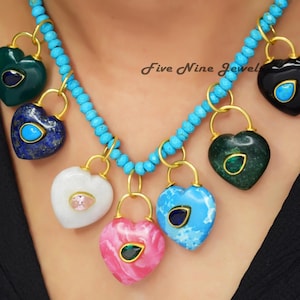 Best Seller Gemstone Puffy Heart Pendant, Turquoise Heart Padlock, Gemstone Carved Heart Charm, Lapis Heart Pendant, Handmade Designer Heart