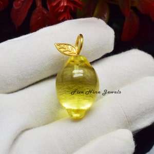14K Gold Yellow Quartz Lemon Pendant, Gemstone Lemon Fruit Pendant, Designer Lemon Pendant, Gold Carved Lemon Charm, Handmade Lemon Pendant