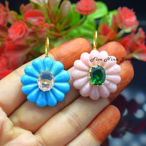 14K Yellow Gold Flower Pendant, All Gemstone Blossom Opal Flower Pendant, Gemstone Trendy Flower Pendant, Designer Carving Flower For Women