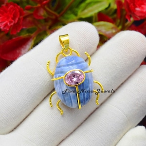 14K Yellow Gold Plated Trendy Scarab Pendant, All Gemstone Carved Scarab Pendant, Designer Blue Opal Scarab Pendant, Carving Scarab Pendant