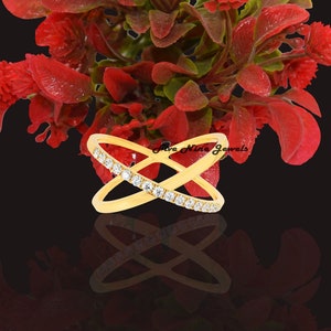14K Gold Diamond Criss Cross Ring, Half Set Diamond Wedding Criss Cross Ring, Gemstone X Ring, Criss Cross Ring, Crossover Ring,X Cross Ring