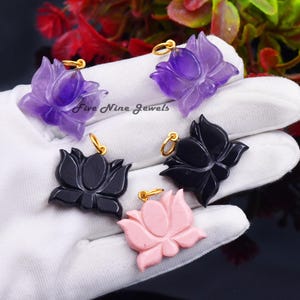 14K Gold Trendy Lotus Pendant, All Gemstone Carved Lotus Flower Pendant, Handmade Designer Quartz Lotus Charm, Gemstone Gold Flower Pendant