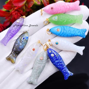 14K Gold Fish Pendant, All Gemstone Carved Fish Pendant, Quartz Gemstone Lucky Fish Charm, 14K Carving Turquoise Fish, Animal Fish Pendant