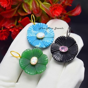 14K Yellow Gold Flower Pendant, All Gemstone Designer Flower Charm, Quartz Flower Pendant, Unique Flower Pendant, Turquoise Flower Pendant