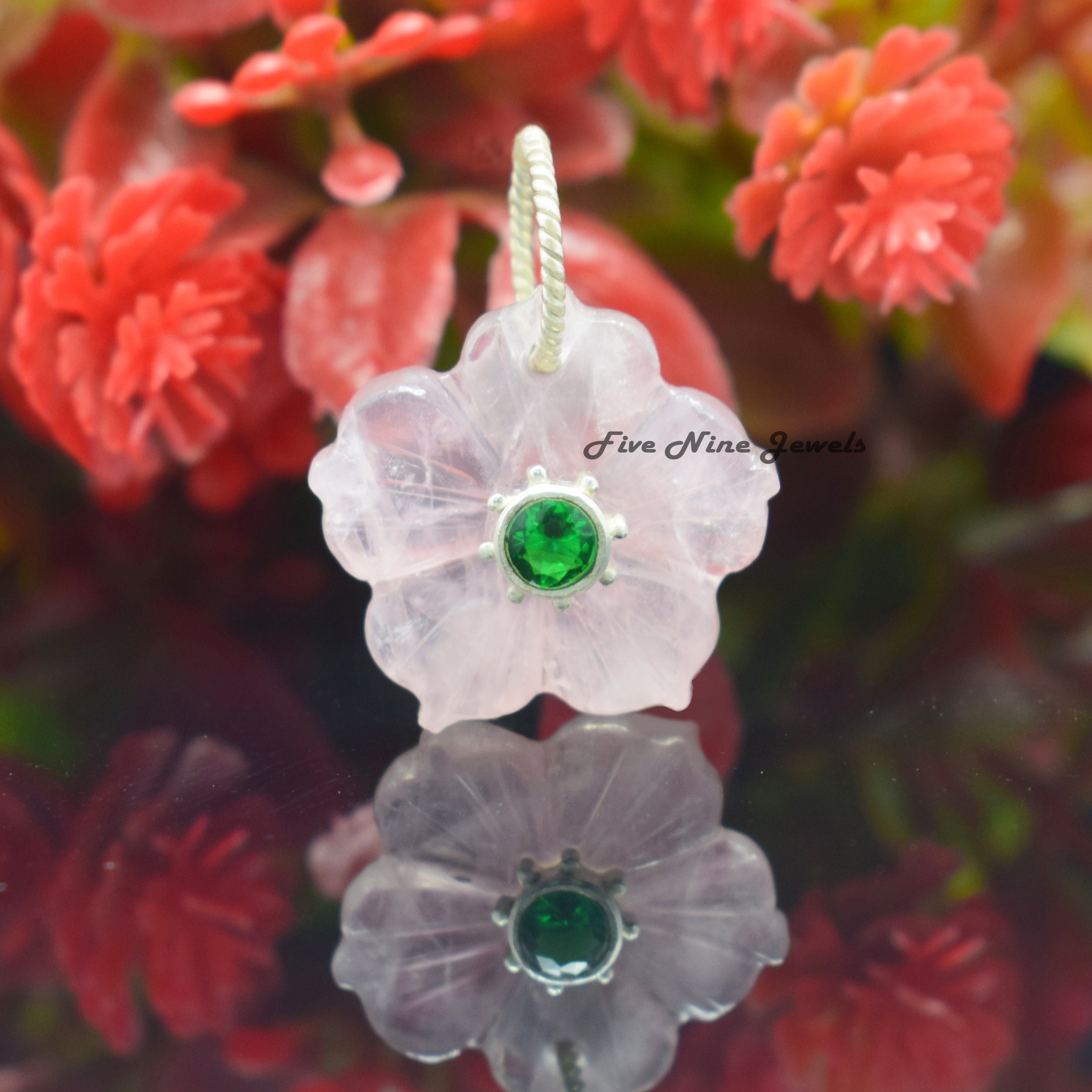 14K Gold Carved Pink Opal Flower Charm, 14K Gemstone Flower
