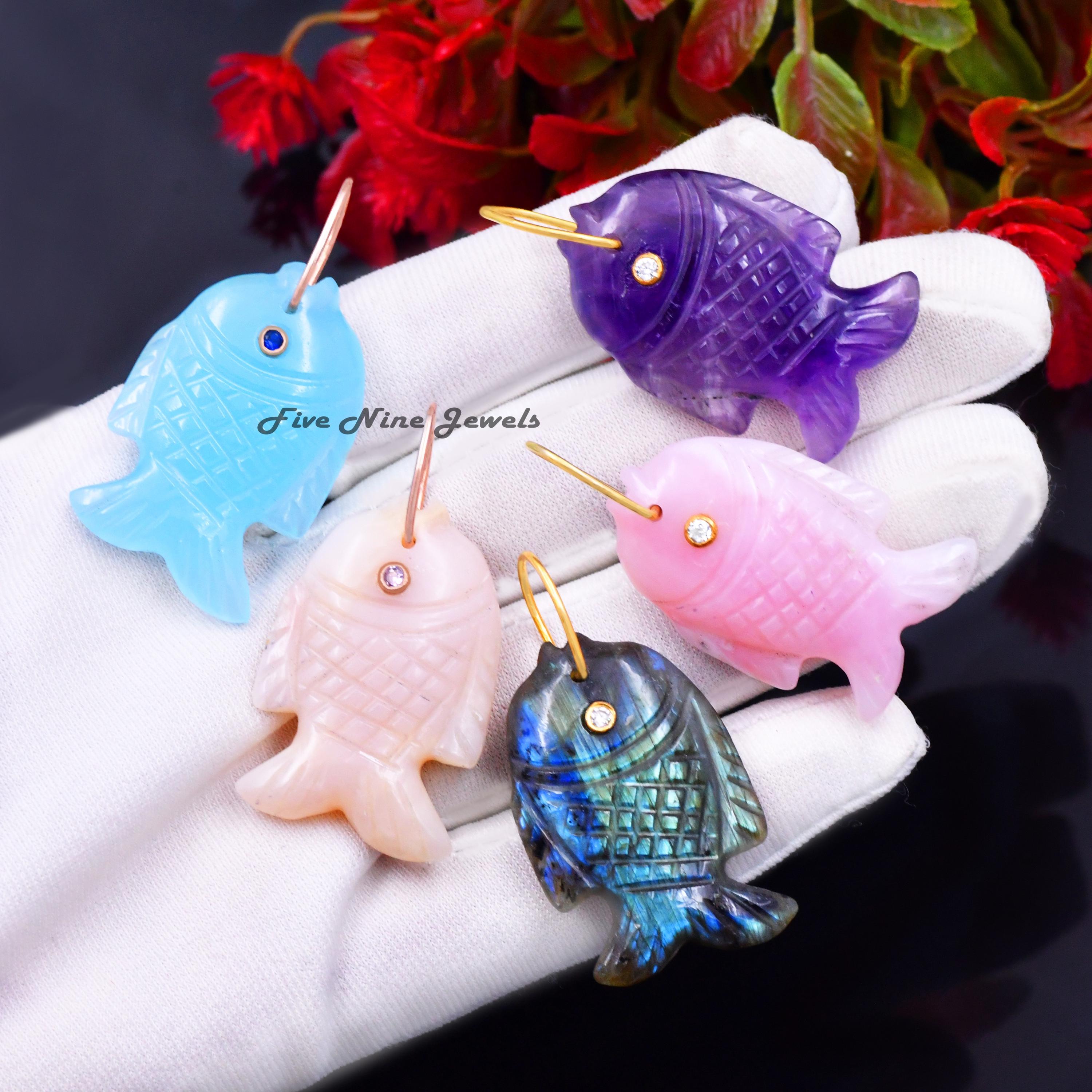 Best Seller Designer Carved Fish Pendant, Gemstone Fish Pendant, Carving Opal Lucky Fish Pendant, Malachite Fish Charm, Animal Fish Pendant