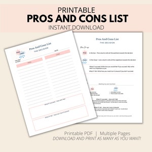 Pros and Cons List Template, Printable PDF, instant download, life organizer to help with decision making