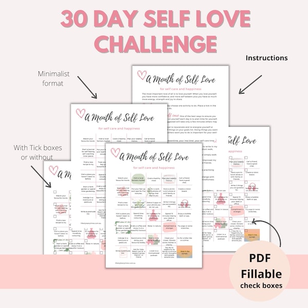 Self Love Challenge, 30 Day Self Love Challenge, Self care Challenge, Printable PDF Digital File