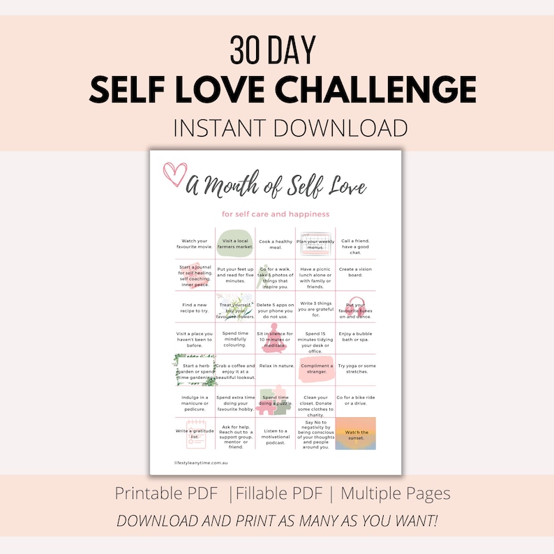 Self Love Challenge 30 Day Self Love Challenge Self Care Etsy Australia