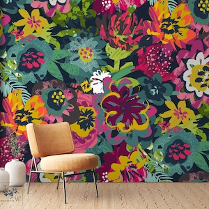 Mutige abstrakte Blumen-Tapete, modernes abstraktes Wandbild, bunter Blumentapeten-Druck