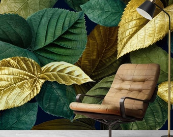 Gold Green Leaf Wallpaper: Botanical Peel and Stick Wallpaper
