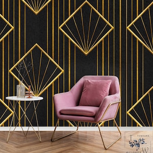 Carta da parati murale in oro nero, carta da parati con motivo Art Déco, carta da parati murale astratta