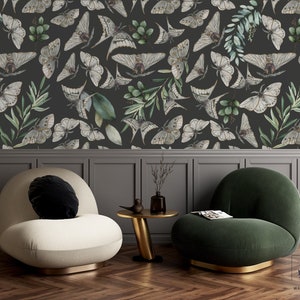 Moths Botanical Mural: Dark Self-Adhesive Wallpaper