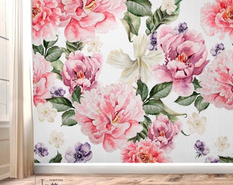 Behangposter met pioenrozen, bloemenroze en witte botanische muurschildering