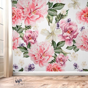 Peonies flowers wallpaper mural, Floral pink and white botanical mural