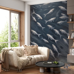 Papier peint à motif sous-marin poisson foncé, monde sous-marin poisson, papier peint motif poisson