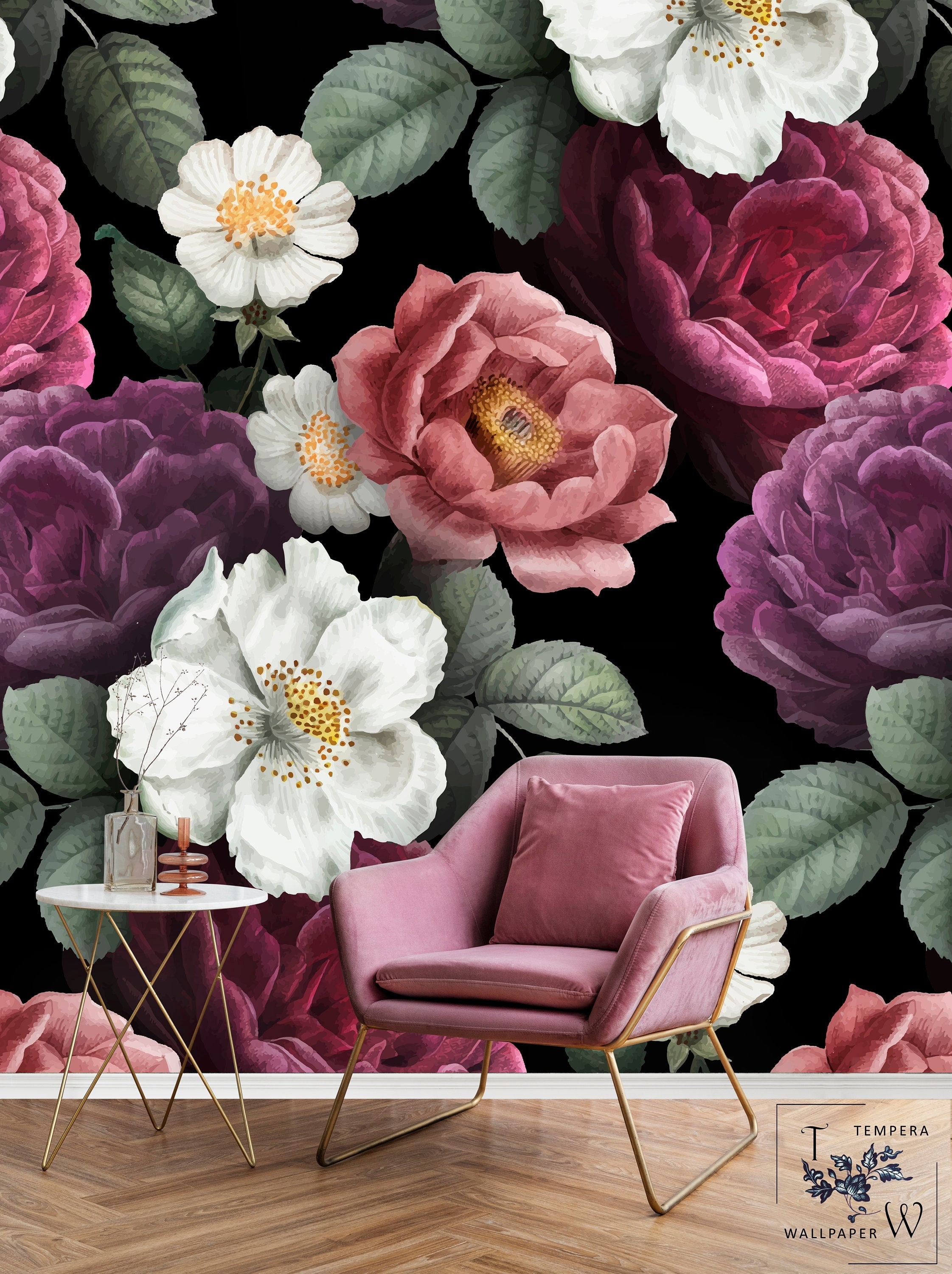 Vintage Dark Large Peony Flower Wallpaper Mural  Wallmur