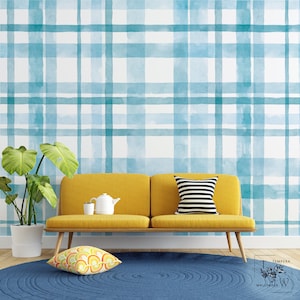 Blue Watercolor Plaid Wallpaper Mural: Peel and Stick