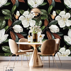 Magnolias Wallpaper print, Black and white Magnolia mural, Removable Wallpaper