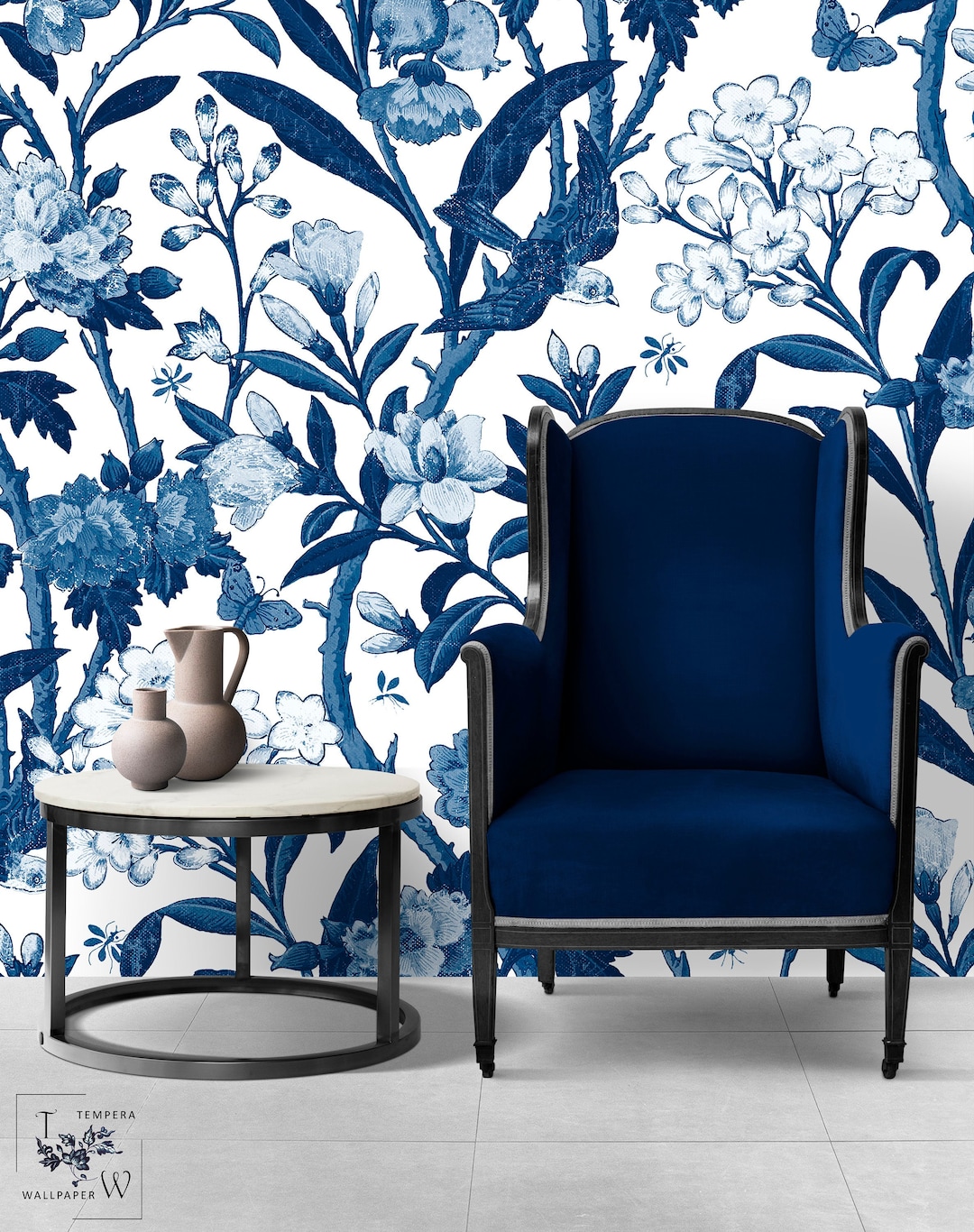 Blue Wallpaper, Blue and White Wallpaper Print, Selfadhesive and