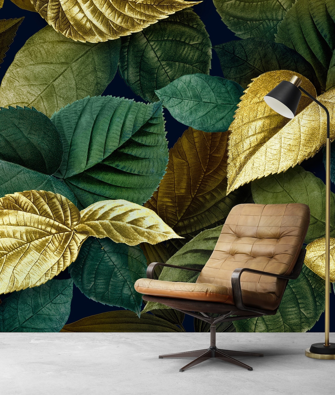 Gold Green Leaves Wallpaper, Wallpaper Print, Green and Gold Wallpaper