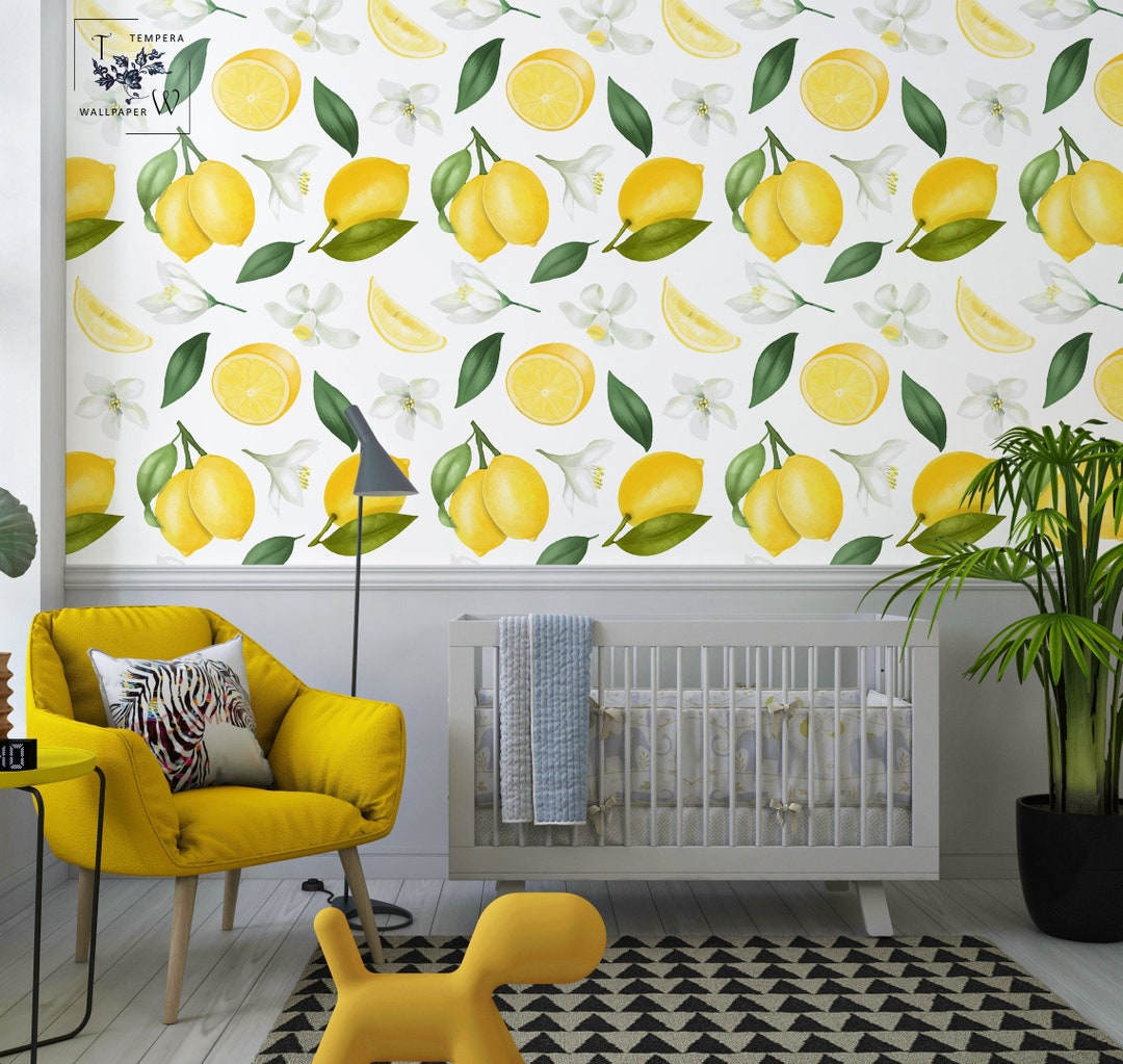 Lemons Wallpaper, Nursery Wallpaper, Yellow and Green Nursery Wallpaper