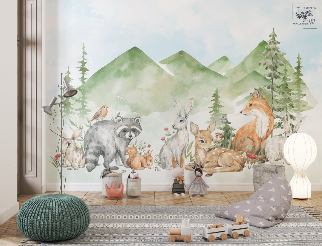 Woodland Animals Mural, Nursery Woodland Animals Wallpaper, Nursery