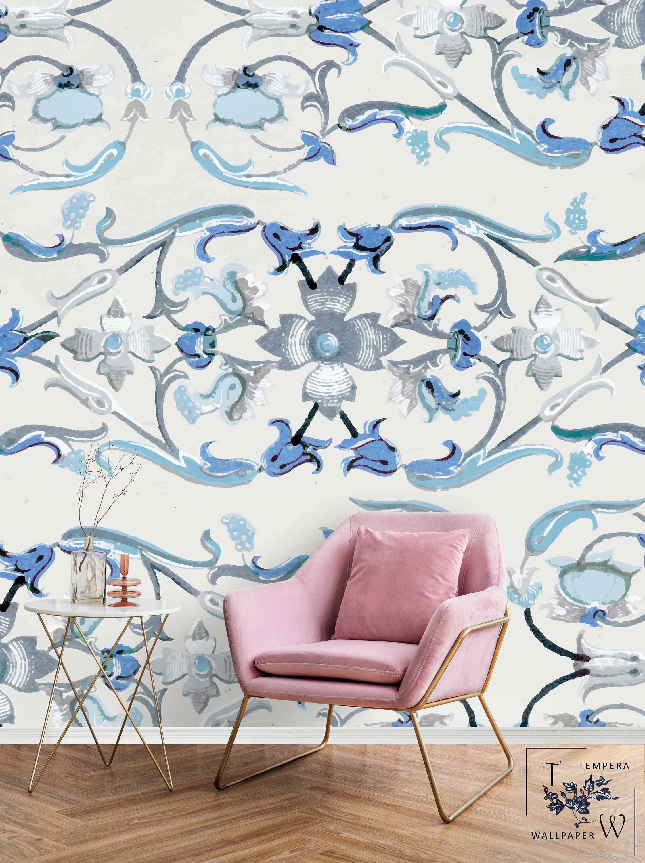 Navy Blue Floral Patterned Wallpaper, Wallpaper Blue Print, Wallpaper