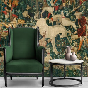 Unicorn Defends Himself Wallpaper: Medieval Tapestry Print, Self-Adhesive
