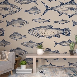 Fish pattern mural, Fish Wall Mural, Vintage Fish Wallpaper