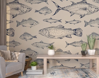 Vintage Fish Wallpaper Mural: Self-Adhesive Removable Wallpaper