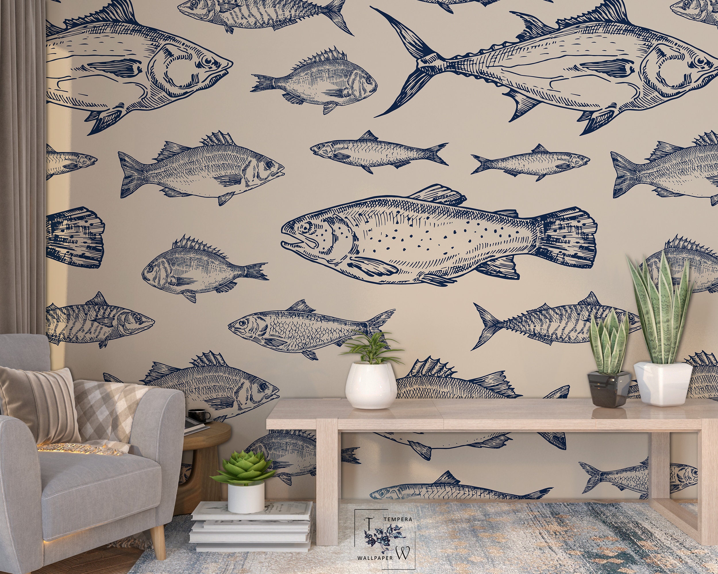 Fish Wallpaper, Cottagecore Decor, Black White Wall Paper, Fishing