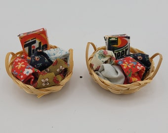 Vintage Miniature Laundry Baskets with Clothes and Soap.